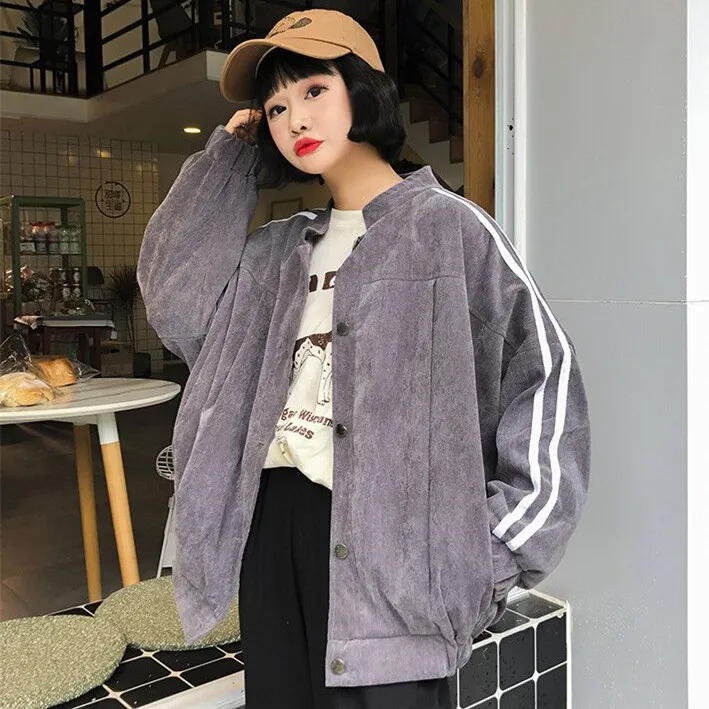 

Basic Jackets Female Jacket Fashion Long Female Jacket Corduroy Autumn Korean Students Loose Baseball Coat Plus Size XXL