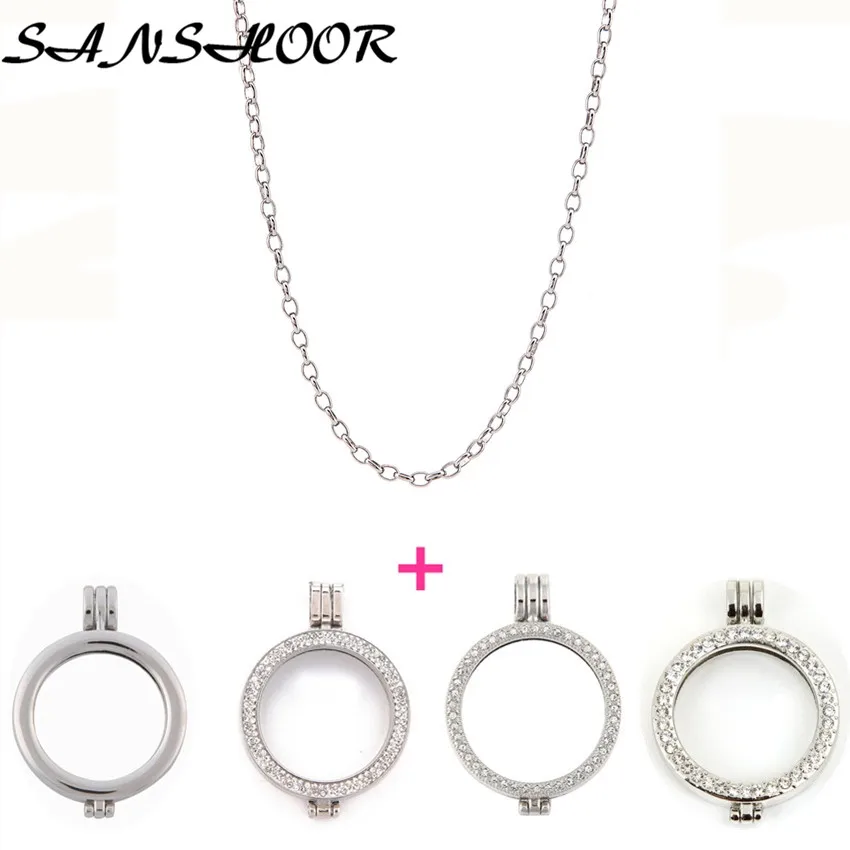 

SANSHOOR 35mm Alloy Coin Holder Frame Pendant With Free 80cm Silver Link Chain Necklace fit 33mm Interchangeable Coin Disc