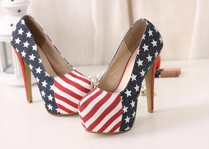 New Women American flag print Pumps female round toe