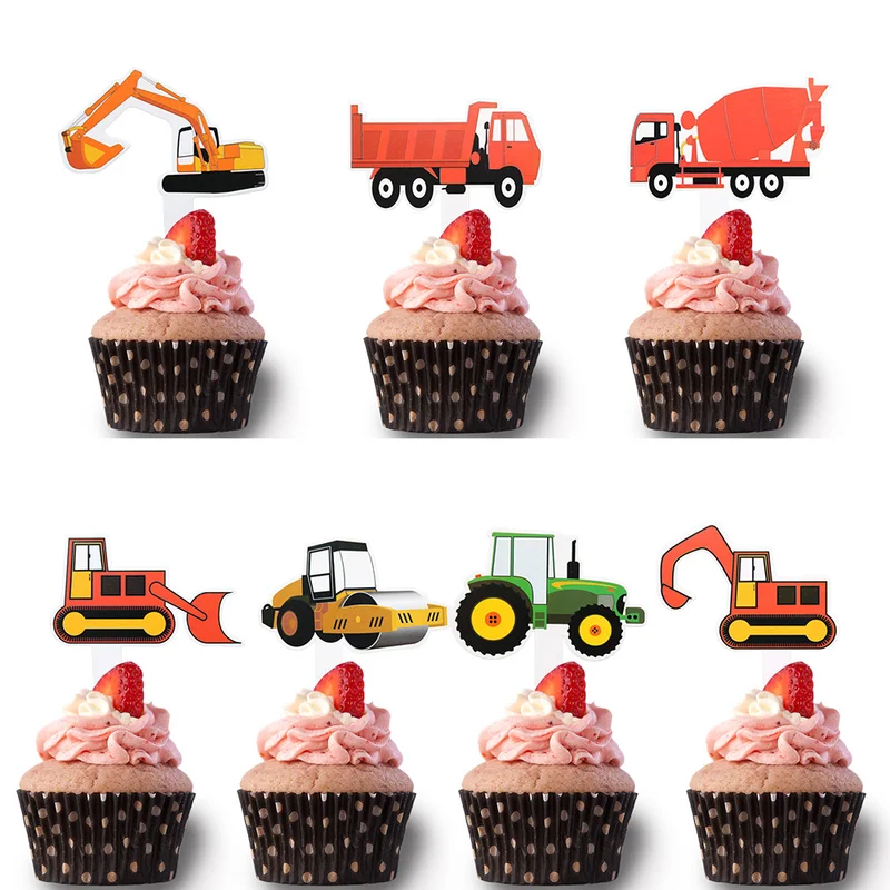 7pcs Cartoon Car Cake Topper Paperboard Excavator Upcake Toppers Christmas Decorations for Home Happy Birthday Cake Topper