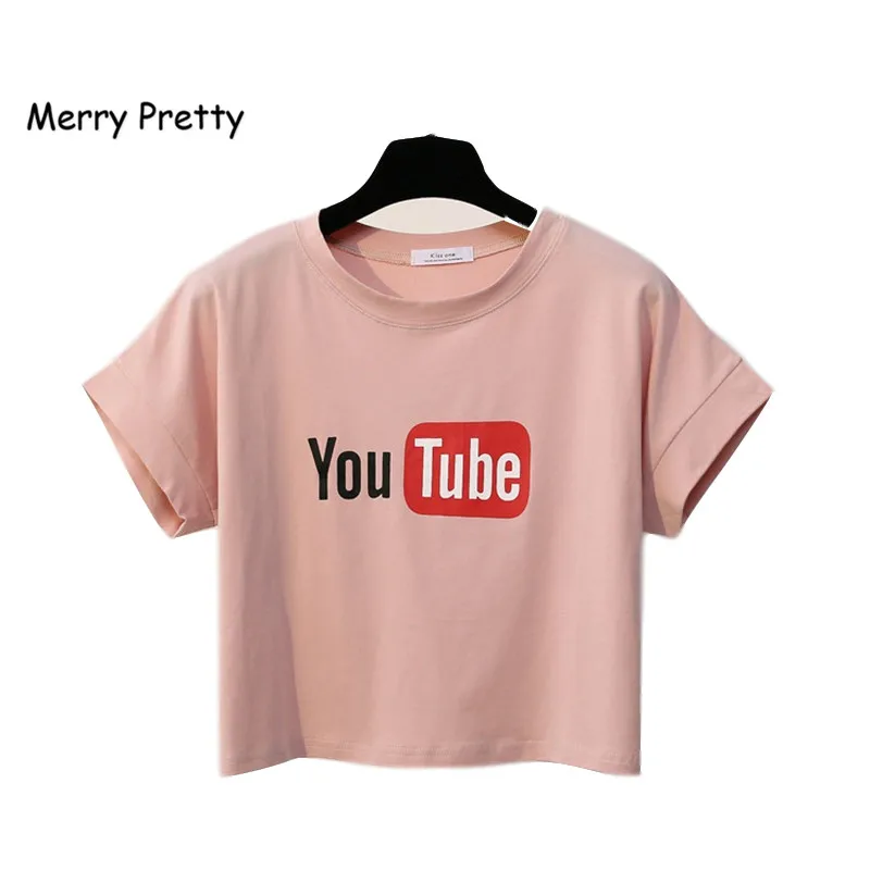 

MerryPretty Solid Women Crop Tops Fashion Harajuku Short Sleeve Cotton T-shirt Ladies O- Neck Letter Printed Dance Top Tee Shirt