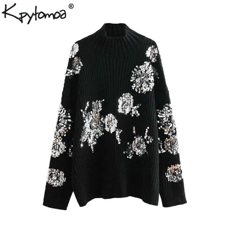 Skup Vintage frezowanie cekiny luźne dzianinowe swetry damskie 2019 moda golf z długim rękawem damskie swetry dżersej na co dzień Mujer