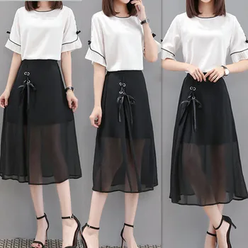 

2019 A-line High Waist 2 Pcs Set Chffion Korean Bow Loose Twinset Fashion Casual Broef Vintage Conjunto Feminino
