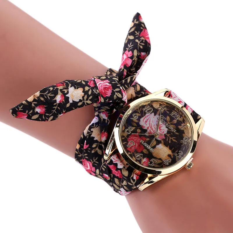 Fashion Women Lady Flower Printed Cloth Strap Band Rose Dial Bracelet