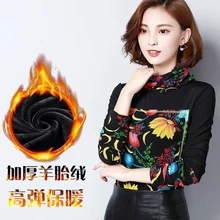 3xl Plus Size Winter Shirt For Women Blouses 2016 New Thicken Velvet Print Blouse Lady Long Sleeve Turtleneck Slim Women Shirt