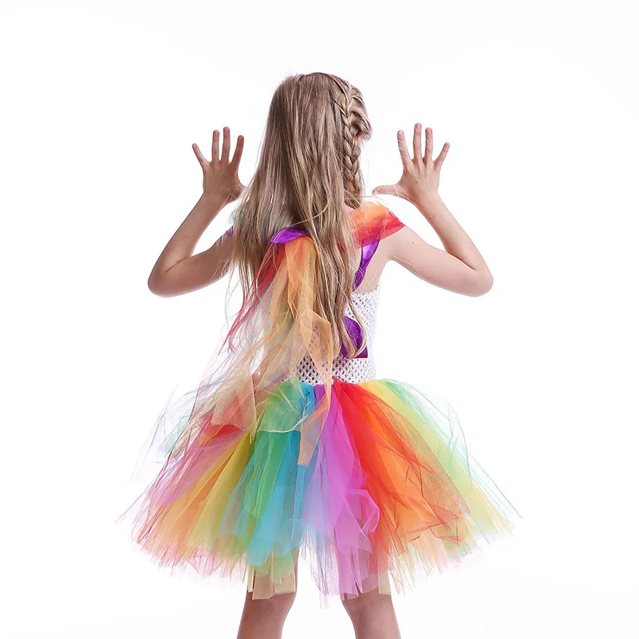 Girls Circus Fancy Clown Tutu Dress with Bow Children Handmade Rainbow Tulle (9)