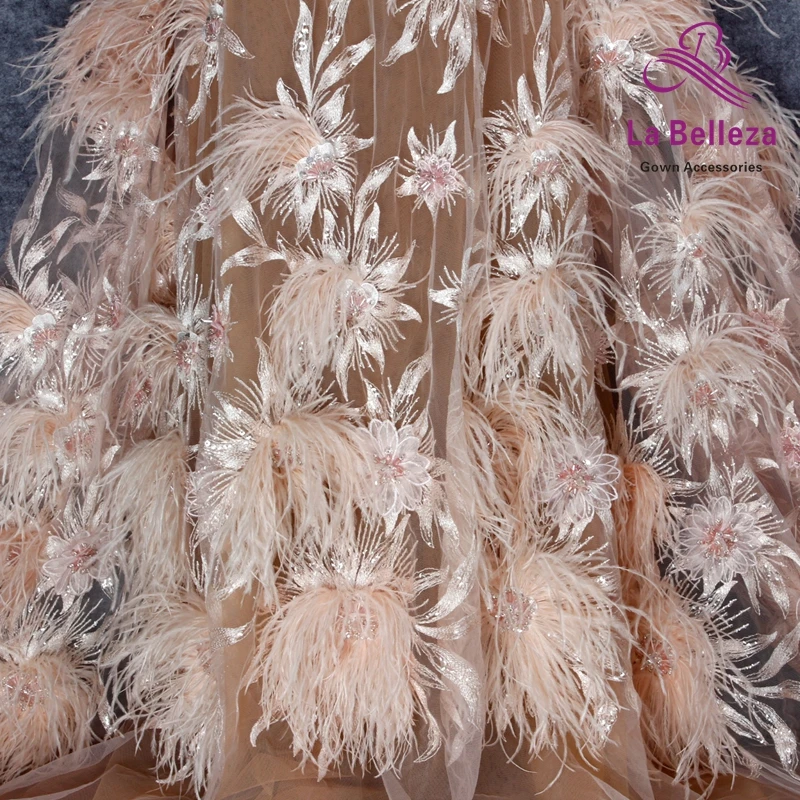 La Belleza 1 ярд светильник розовый/белый тяжелый 3D Цветы перо бисером кристалл свадебное/вечернее платье кружевная ткань