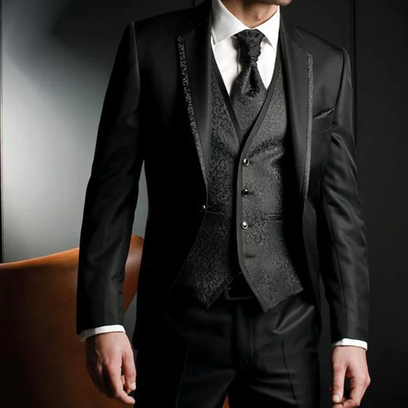Black Harringbone Wedding Men Suits Three Piece Custom Groom Tuxedos for Evening Party 2018 Jacket Pants Vest Male Blazer Black Harringbone Wedding Men Suits Three Piece Custom Groom Tuxedos for Evening Party 2018 Jacket Pants Vest Male Blazer