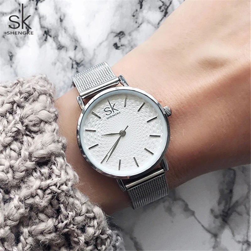 

Shengke Slim Mesh Stainless Steel Quartz Wristwatch Women Ultra Thin Luxury watch Ladies Dress Watch Relogio Feminino Gift Clock