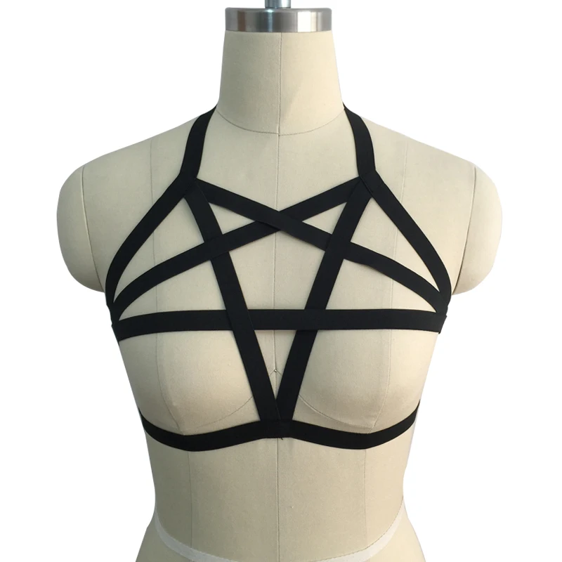 

New harness cage bra black women pentagram body harness Harajuku Gothic pentagram Adult pole dance cage body bra harness