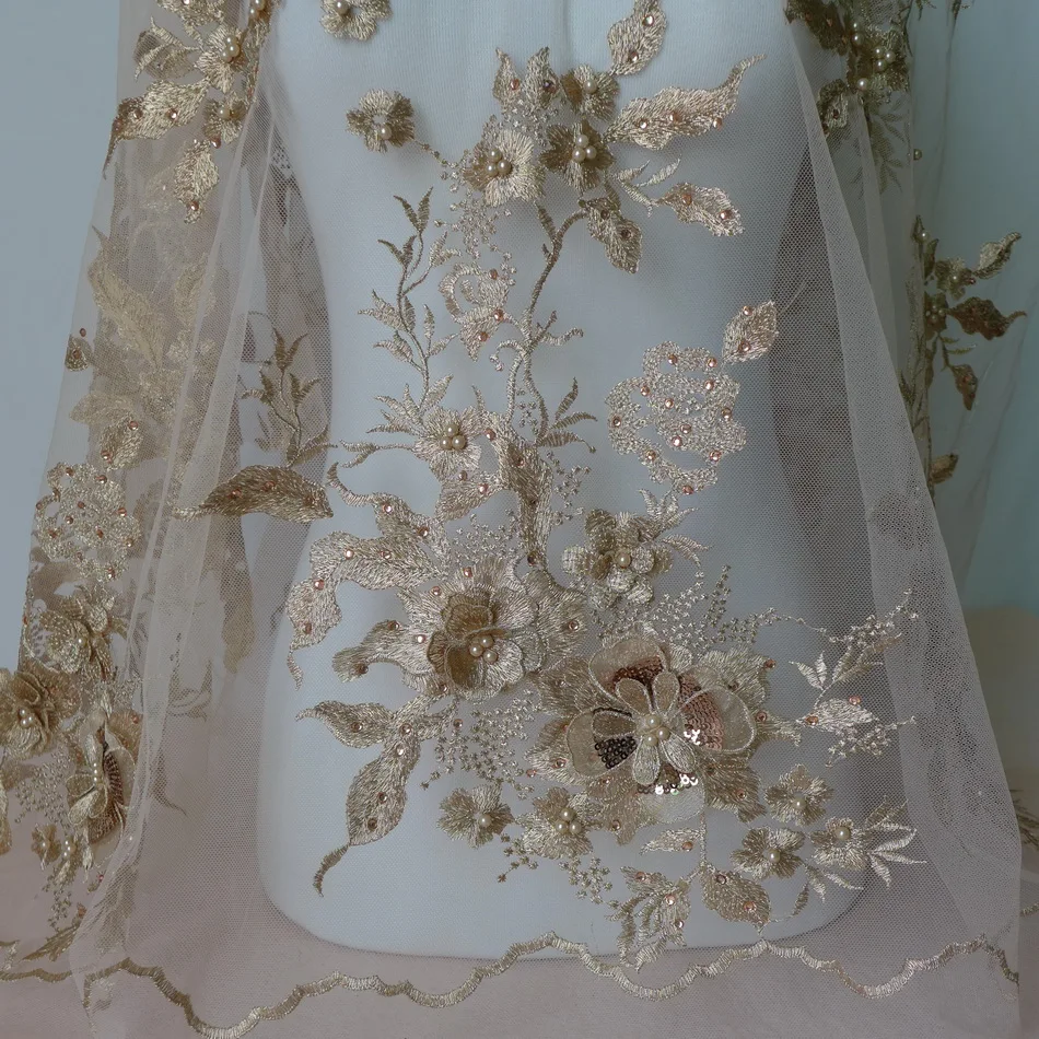 

Champagne Gold Embroidered Dress Material Party Dress Fabric Beaded Mesh Lace Fabric With Sequins-12 Pieces Appliques