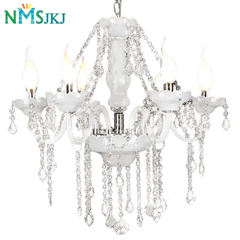 

6/8 Lights with Lampshade Modern Art Decorate European Milk White Candle Crystal LED Chandeliers for Bedroom Living Room Cafe