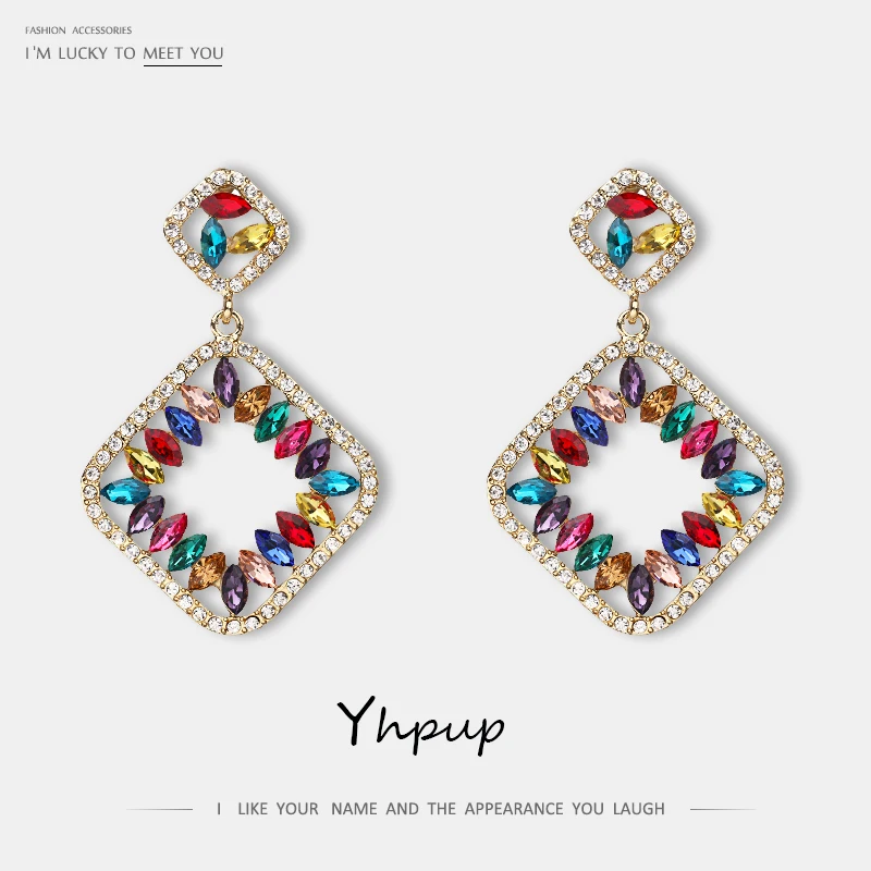 

Yhpup New Fashion Hollow Geometric Brand Dangle Earrings Luxury Rhinestone Jewelry boucle d'oreille femme 2019 Dress Party Gift