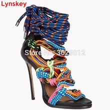 

Lynskey mixed color Stiletto heels open toe ladies summer sandals weave rope knot hollow out back zipper women sandals