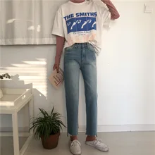 Панельные корейские женские джинсы деним Кнопка прямой с высокой талией джинсы брюки промывают+ брюки