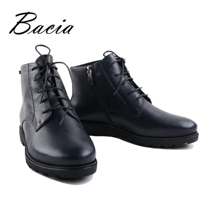 

Bacia 2016 New Ankle Boots for Women Short Plush Round Head Black Lace-up Martin Boots Square Heel Cowhide Leather Shoes VA006