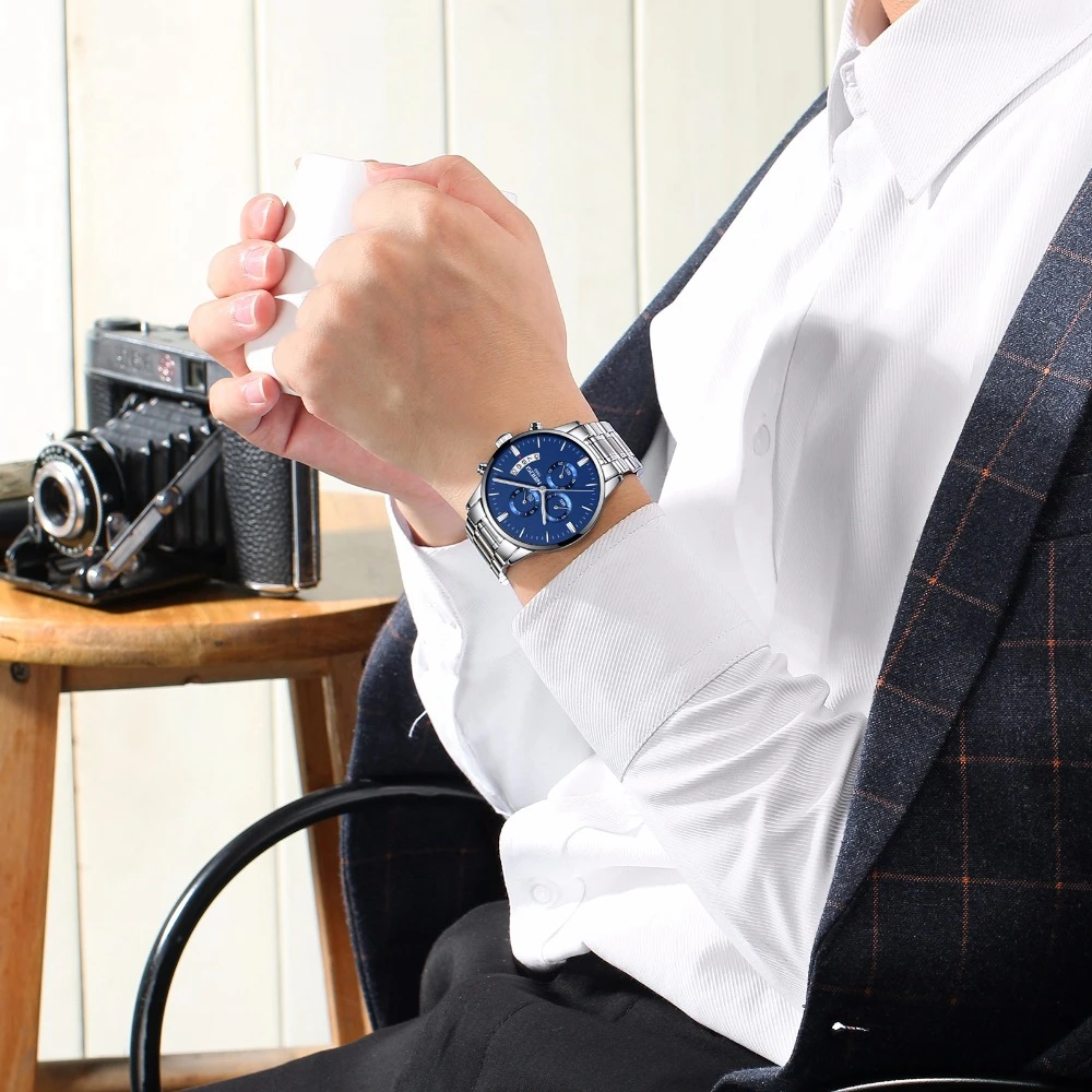 NIBOSI, мужские часы с хронографом, спортивные мужские часы, Топ бренд, Роскошные водонепроницаемые полностью Стальные кварцевые золотые часы, мужские часы