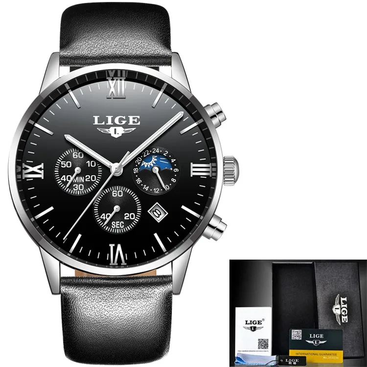 Мужские часы люксовый бренд LIGE многофункциональные мужские спортивные кварцевые часы мужские Водонепроницаемые кожаные деловые часы мужские наручные часы - Цвет: silver black leather