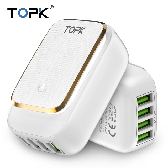 Best Price TOPK L-Power 22W 4.4A(Max) USB Charger for iPhone 8 X 7 6 LED Lamp Smart Auto-ID USB Wall Mobile Phone Charger EU/US/UK Plug