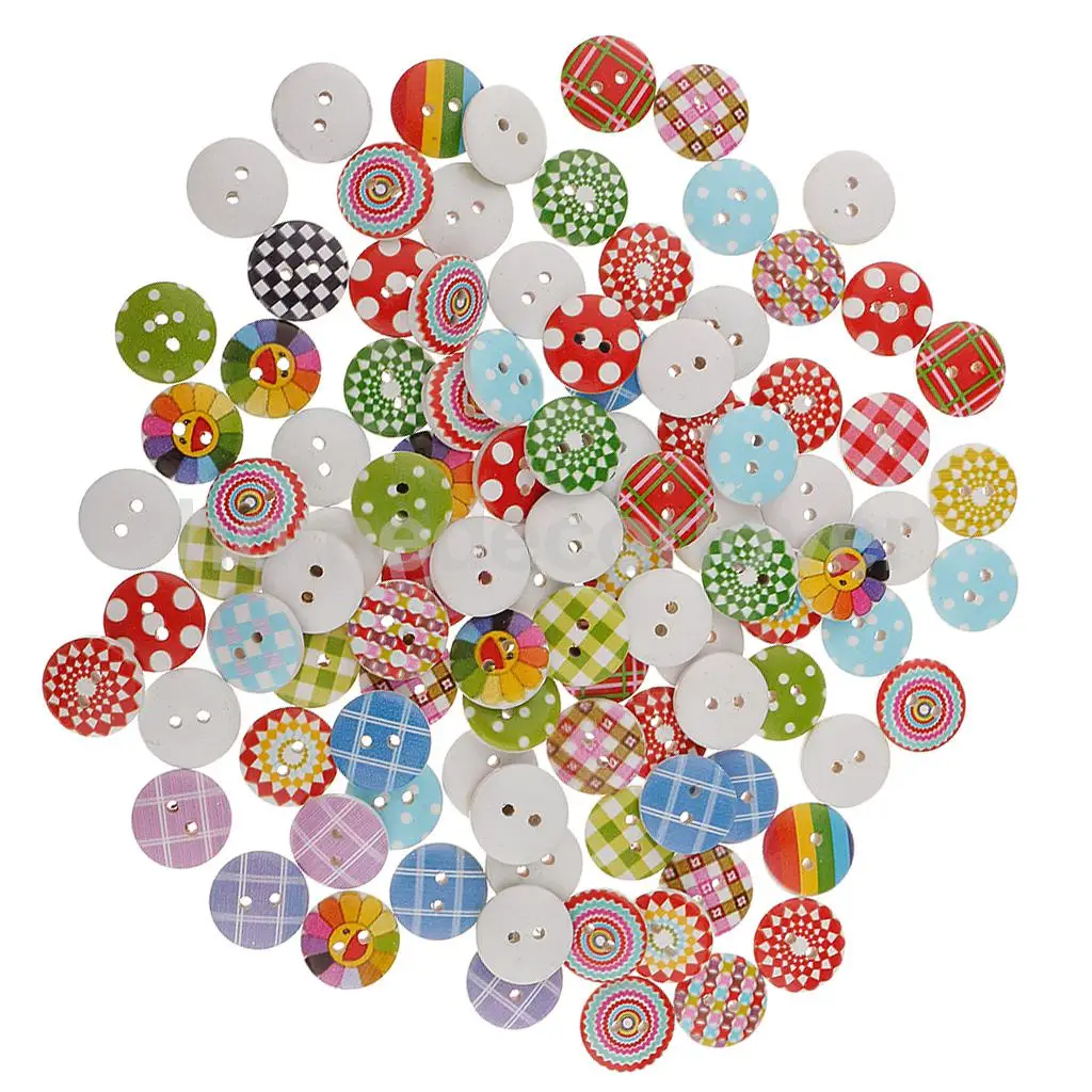 100pcs 15mm Polka Dot Plaid Buttons Wood Buttons 2 Holes for Sewing