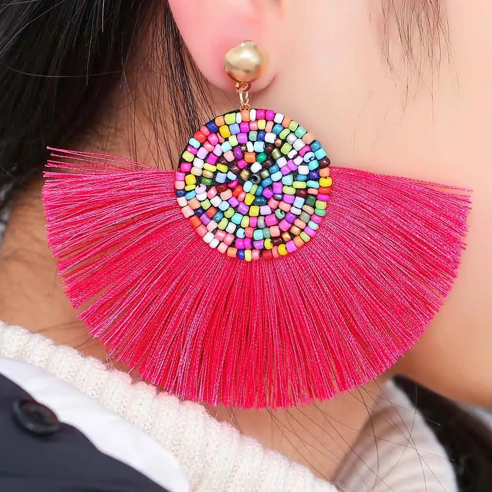 IMG_8846 Trendy Drop Earrings WomenLongBohemianBeadsDangleExaggeratedBlueBalckMetalBohoGold Tassel Earrings 2018 Jewelry