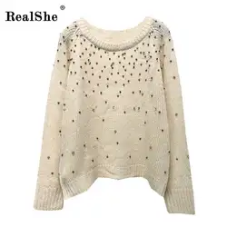 RealShe новые женские свитера с круглым вырезом с длинным рукавом Пуловеры Бисероплетение вязаные теплые свитера женские повседневные
