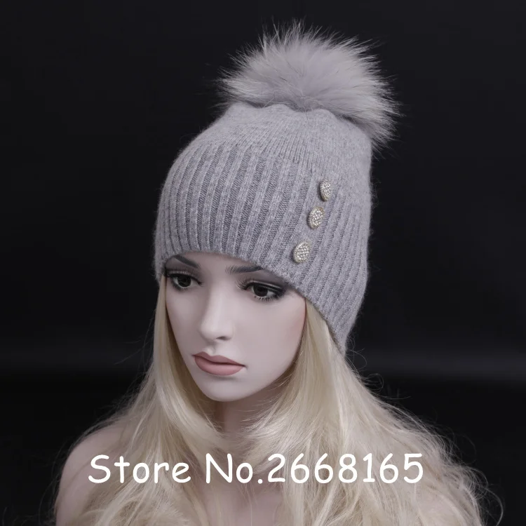 Зимняя супер теплая шерстяная вязаная шапка с настоящим помпон из меха енота женские кашемировые шапочки шапка модная женская классическая зимняя шапка - Цвет: light grey
