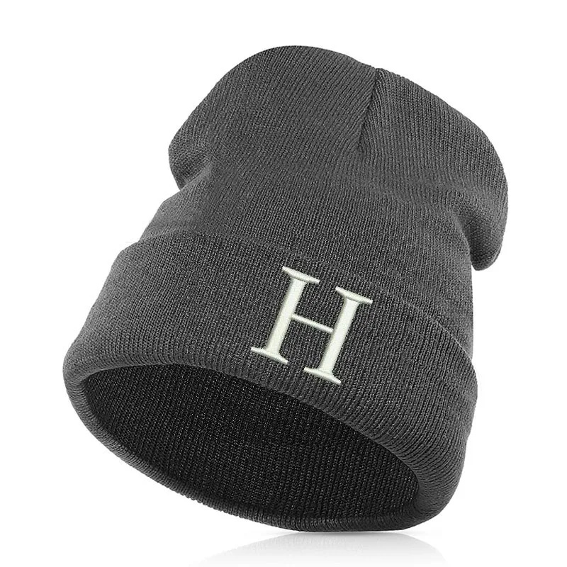 Beanie Hat Skullie Cap Slouchy Winter Embroidery Punk Cool Men Women Boy Girl Teens Street Dance- Alphabet H Name Abbreviation - Цвет: Серый