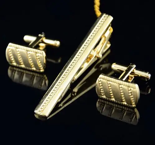 

2018 new Stripe Bussiness A Set Of Golden Men Plating Metal Necktie Tie Bar Clasp Clip Cufflinks Set Gold Men Jewelry Gifts