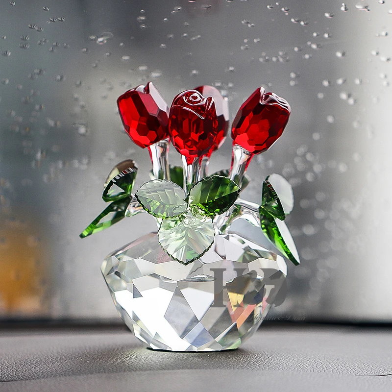 H y D color rojo rosa de cristal adorno de figuras de ramo de flores con caja de regalo