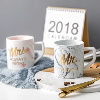 

Luxury Marble Bronzing Word Ceramic Mugs Gold Plating MRS MR Couple Lover's Gift Morning Mug Milk Coffee Breakfast Creative Cup