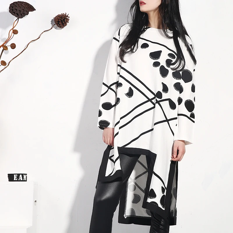 

LANMREM 2019 Personality Asymmetrical Printed Women's Dresses Large Size Loose Patchwork Dress With Pokcets Spring New JO349