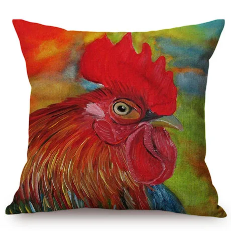 Hen Rooster Colorful Oil Painting Art Sofa Decoration Cushion Cover Rural Poultry Chicken Style Cotton Linen Square Pillow Case M082-2