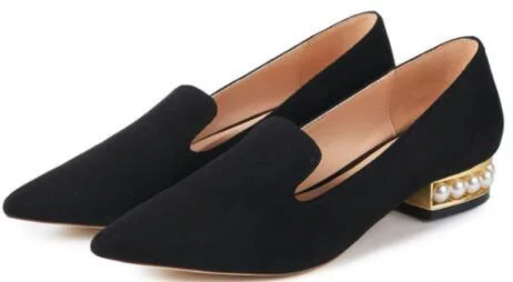

Spring new women flock pointed toe low heel casual shoes Ladies black/gray/red solid pearl chunky heel shoes Summer dress shoes
