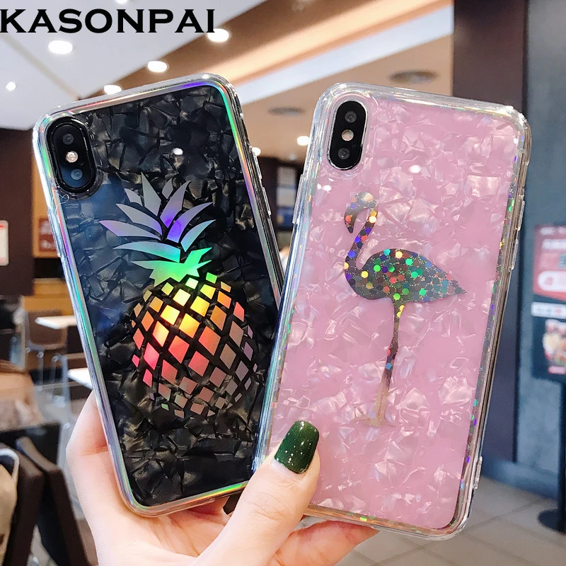 

KASONPAI Luxury Laser Shell Pineapple Flamingo Cactus Phone Case For iPhone X 7 6 6S 8 Plus Fashion Cute Cartoon Soft Back Cover