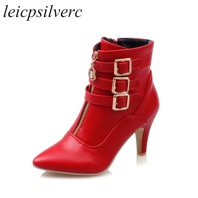 

Women's Boots Autumn Winter Warm Ankle Shoes Pu High Heel Zip Buckle Pointed Toe Motorcycle Sexy Fashion Wedding Black White Red