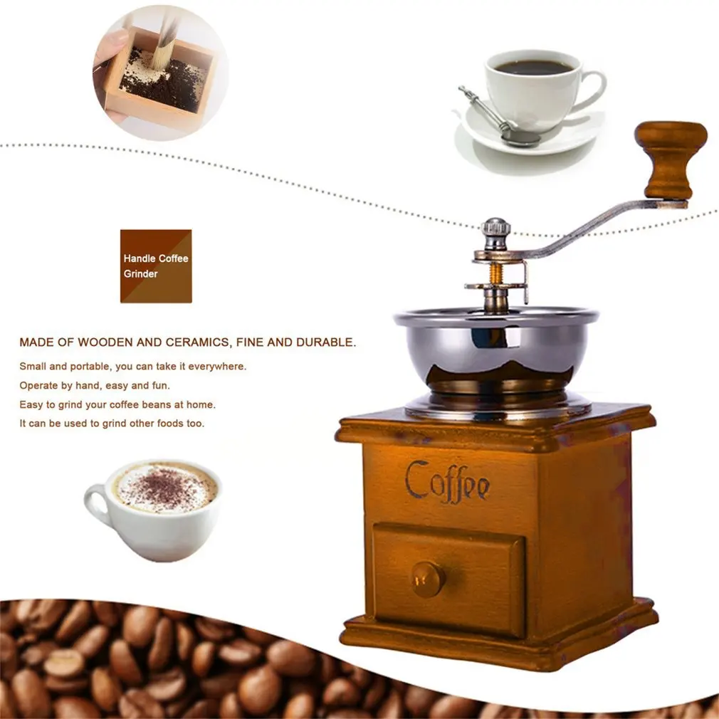 

Household Hand Grinder Coffee Grinder Coffee Maker Coffee Bean Grinder Antique Appearance Stainless Steel Wooden Base