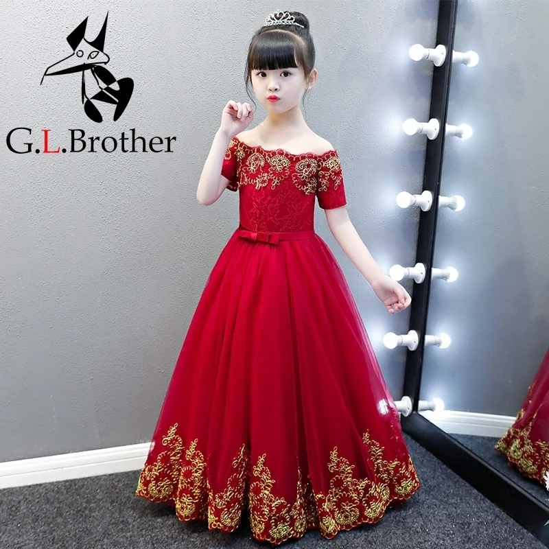

2018 New Princess Dress Wine Red Flower Girl Dresses For Wedding Party Costume Ball Gown Shoulderless Party Gown Communion AA204