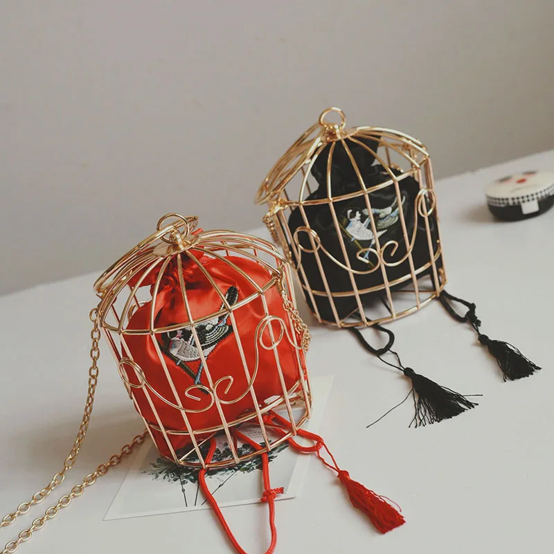 Women's Birdcage Evening Bag Clutch Metal Frame Embroidery Bucket Bird Cage Mini Bag Purse Women Gold Tassel Handbag Women's Birdcage Evening Bag Clutch Metal Frame Embroidery Bucket Bird Cage Mini Bag Purse Women Gold Tassel Handbag