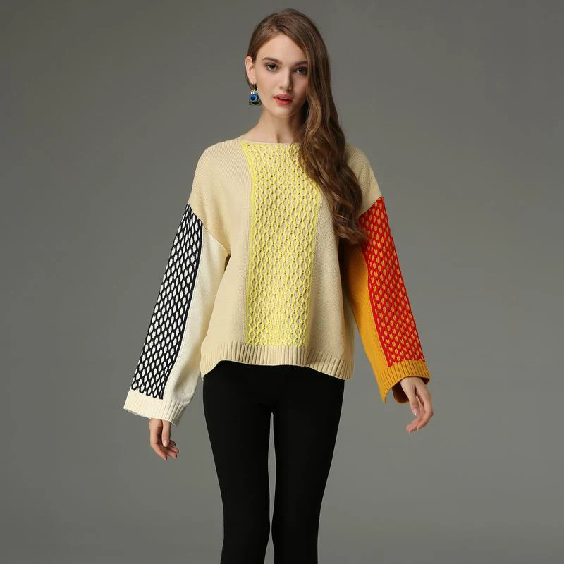 New 2018 Spring Luxury Sweaters Women Hit Color Patchwork Pullovers