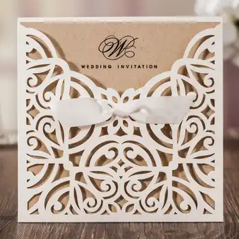 50pcs/lot Laser Cut Wedding Invitations Kraft Paper Ivory Shell Party Invitation Card Elegant Hollow Wedding Card Free Printing - Category 🛒 Home & Garden