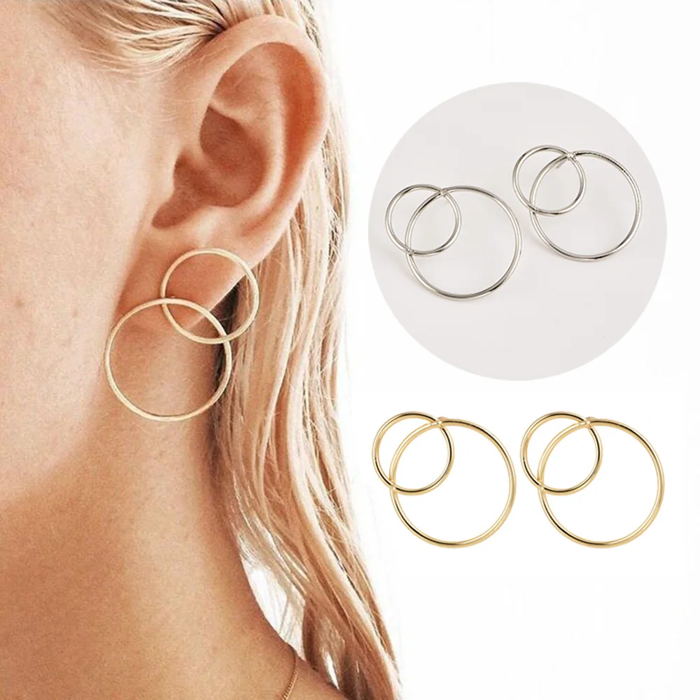 

2018 Popular Gold Silver Double Loop Stud Earrings For Women Korean Fashion 8 Shape Ear Loop Jewelry Women Accessories