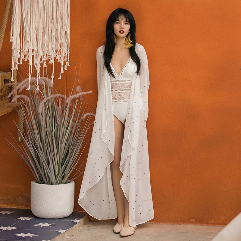 

High Quality New 2019 Summer Fashion Beach Long Cardigan Jackets Women Polka Dot Print Long Sleeve Casual Sun Outerwear & Coats