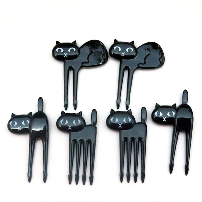 FHEAL New 6Pcs Mini Animal Fork Fruit Picks Cute Cartoon Black Cat Children Fork Toothpick Bento Lunch Box Decor Accessories  (9)