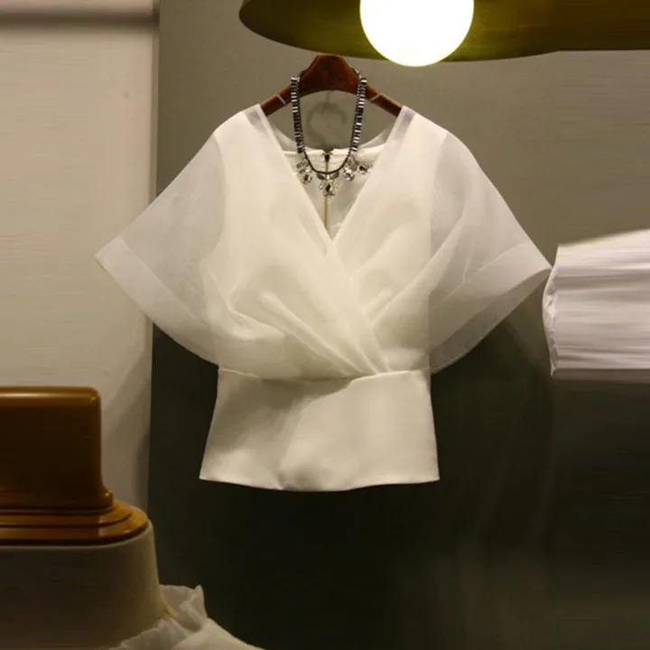 

Women 2019 Summer Batwing Sleeve Mesh Black White Shirt Solid V-neck Short Sleeve High WaistBlouse
