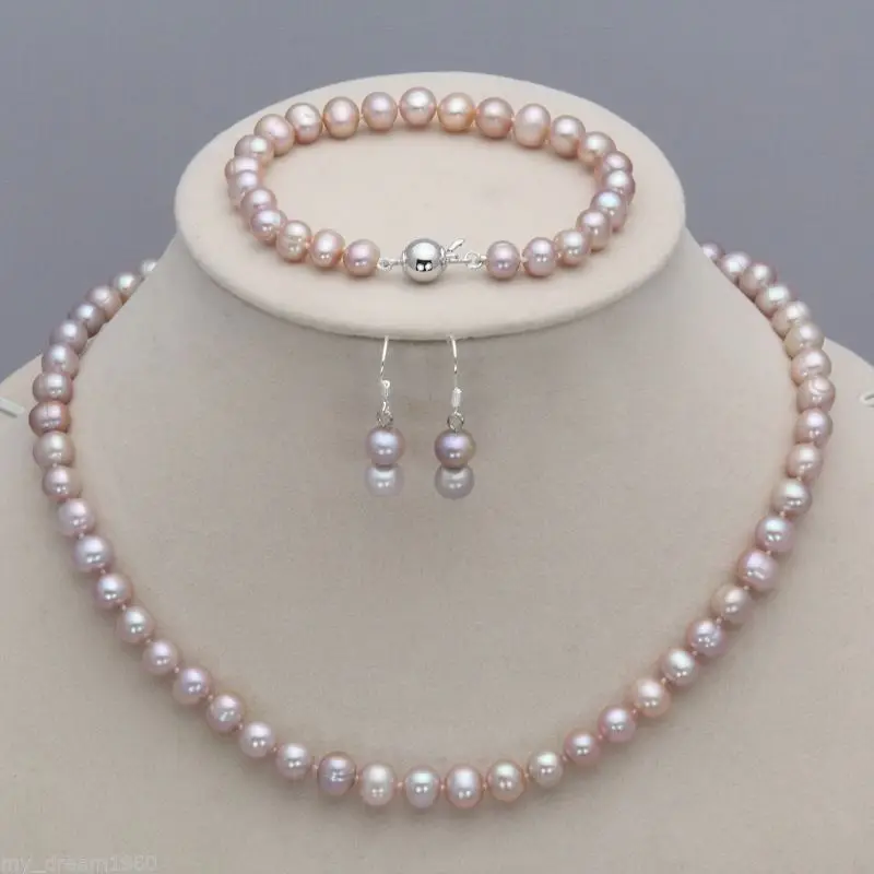 

Hot sale new Style >>>>Natural 7-8mm Purple Freshwater Cultured Pearl Necklace Bracelet earrings Set