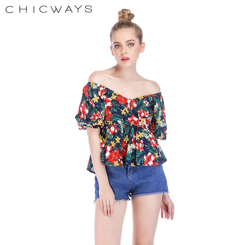 Chicways красочные цветочные короткий рукав летний v образный Вырез Топ Блузки