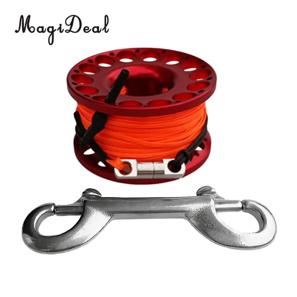 MagiDeal Red Aluminum Alloy Scuba Diving Finger Reel Spool with 15/30m Line Bolt Snap for Snorkeling Freediving Accessories