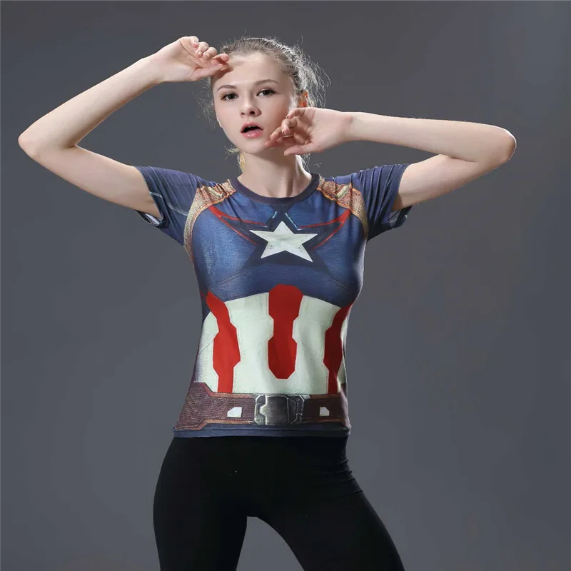 

2018 Hot sale Compression T Shirt Women Superhero Captain America/Spiderman/Batman Tops Quick-drying Tight bodybuilding Wear