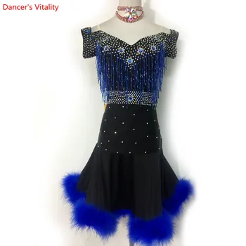 

Free Custom Girls Kids Latin Dance Performance Dress Sexy V-Back Diamond Feather Clothes Women Stage Competition Costumes